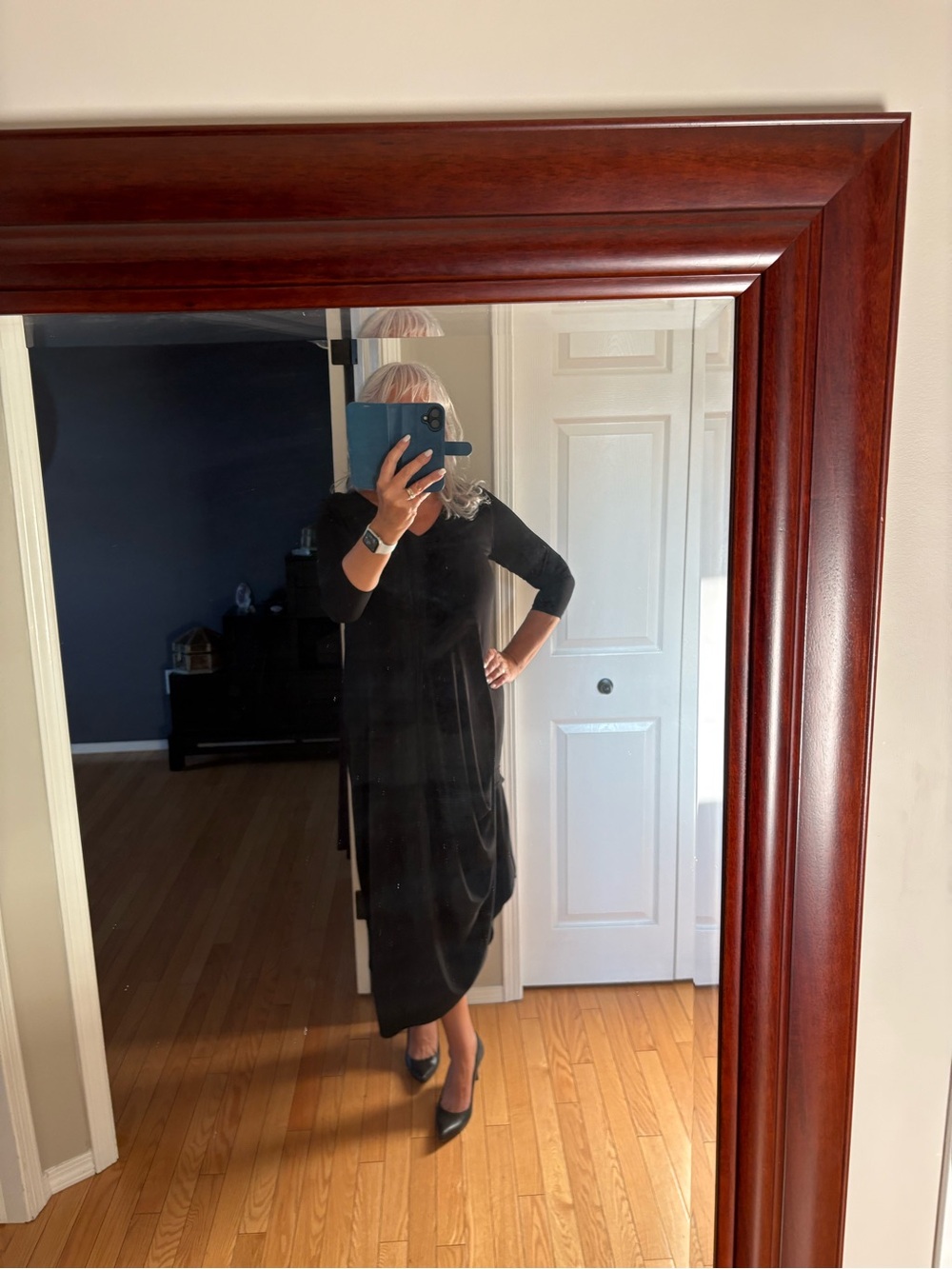 Sympli Black 3/4 Sleeve Reversible Draped Midi Dress